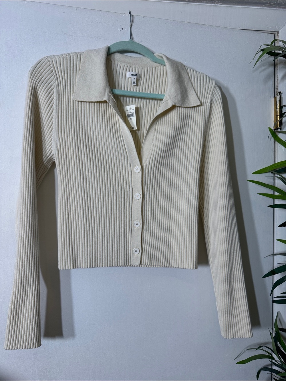 Aerie Ribbed Button-Front Collared Long Sleeve Top in Cream
